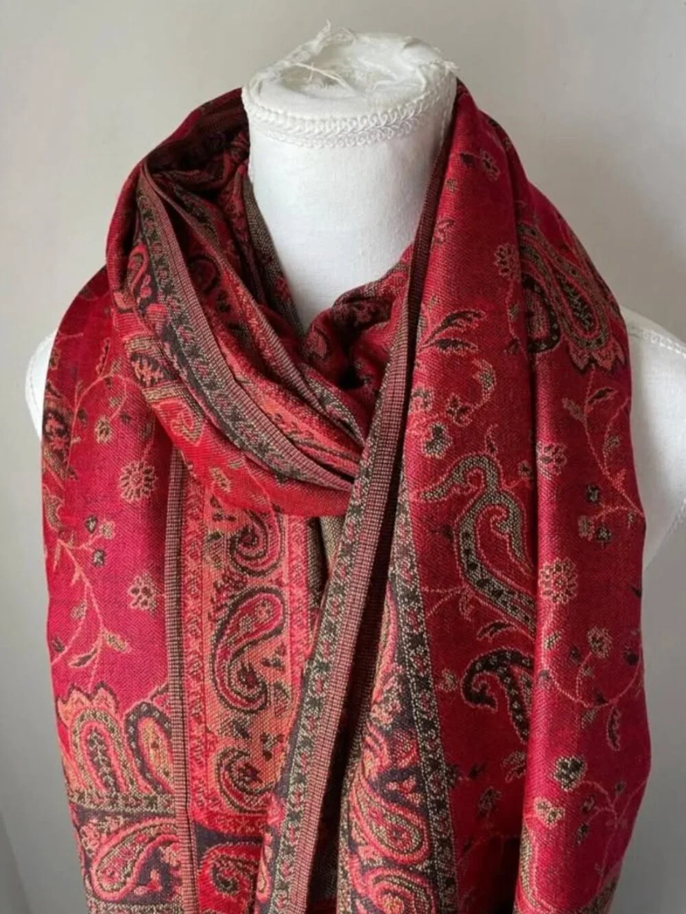 Red Paisley Pashmina Scarf for women , Festival shawl, Gift Rave, Bohemian